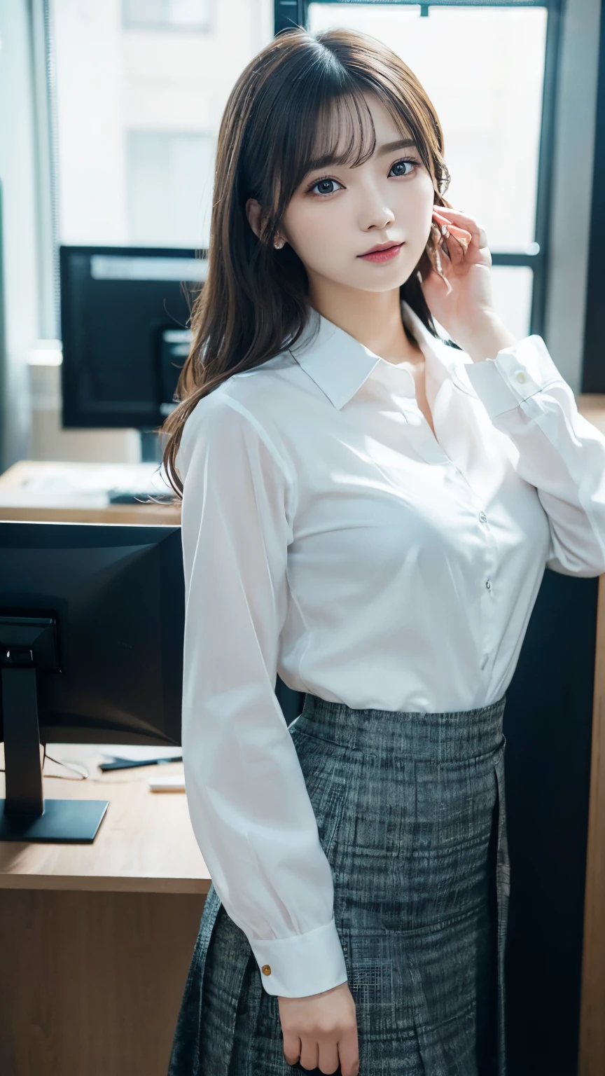 Innocent 20 year old girl、((Office Lady of the Japan, sexy office shirt, Skirt, Cute and elegant, Dramatic poses)),Smile,background at room,short-cut、Raw photo, (8K、top-quality、masterpiece:1.2)、(intricate detailes:1.4)、(Photorealsitic:1.4)、octane renderings、Complex 3D rendering ultra detail, Studio Soft Light, Rim Lights, vibrant detail, super detailing, realistic skin textures, Detail Face, Beautiful detail eyes, Very detailed CG Unity 16k wallpaper, make - up, (detailedbackground:1.2), shinny skin, Full body,Hands down