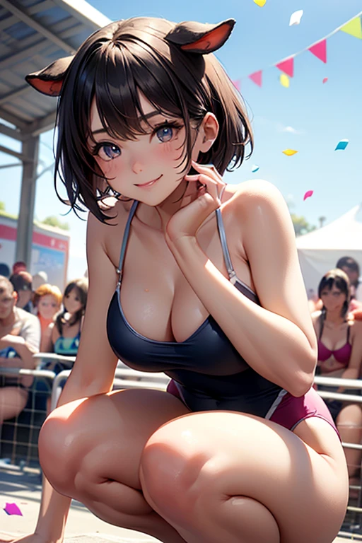 very cute and beautiful girl,(Very detailed beautiful face and eyes:1.2),(((scantily clad:1.2))),(Smilingly),
town festival,(:1.2),(Many people are wearing pink clothes),The flag,Confetti in the sky,Outdoor sports,((Three-point swimsuit))
(cow boy shooting),absolute chance,Eternal,Detailed legs,dynamicposes,dynamic angle,black hair color hair,shairband,Flat cat ears are short and delicate,squatting pose,(((The body faces the audience))),(Short hair has the most exquisite temperament,tmasterpiece:1.2),Complicated details,A high resolution,Just focus,natural lightting,