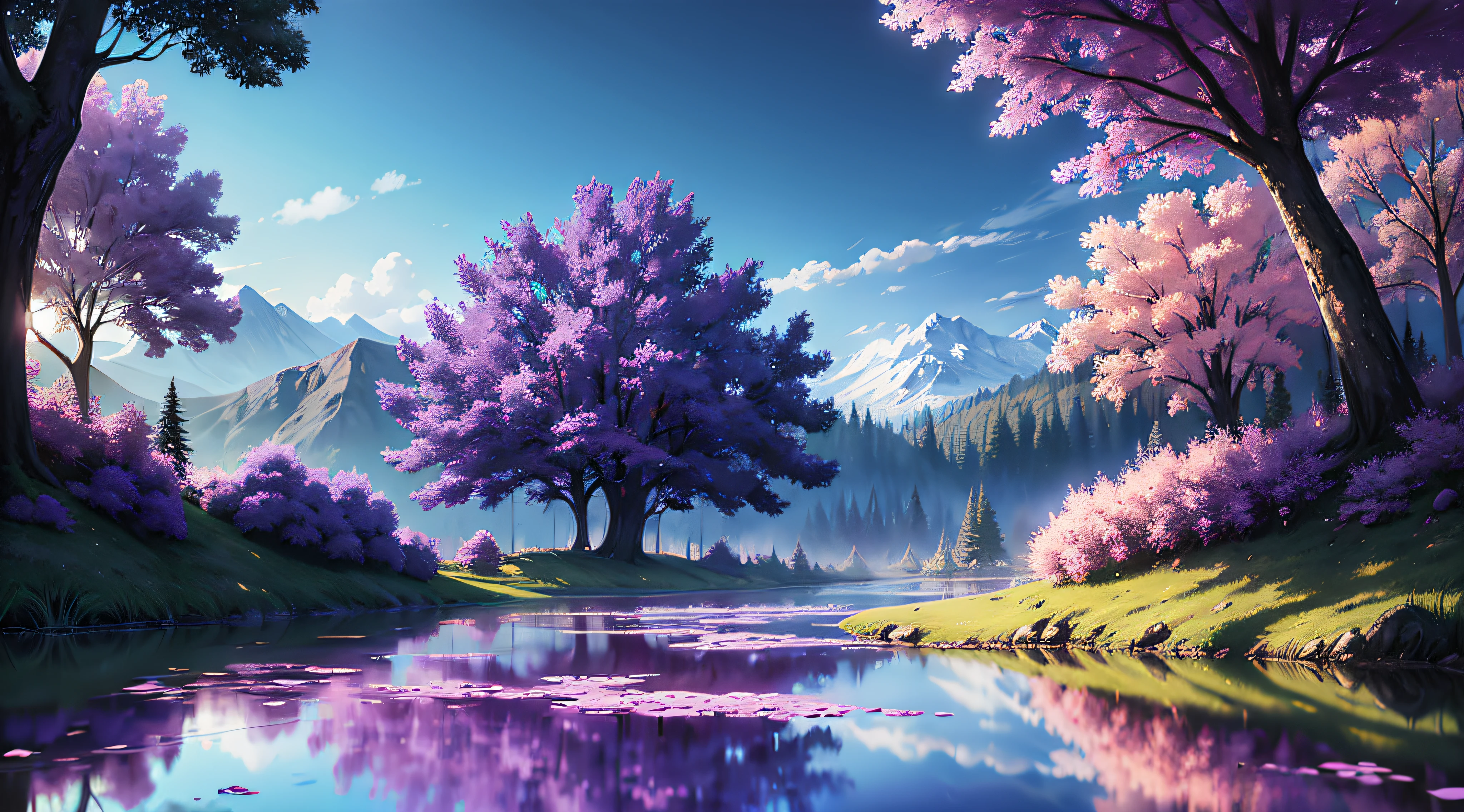 Purple trees are reflected in a lake surrounded by mountains, Arte bonita UHD 4K, Arte digital altamente detalhada em 4k, 8k arte impressionante, bela paisagem de sonho, epic beautiful landscape, mountains river trees, pink tree next to a large lake, bela arte digital, Arte digital detalhada em 4k, paisagem de sonho, arte digital muito bonita, 8k arte detalhada de alta qualidade