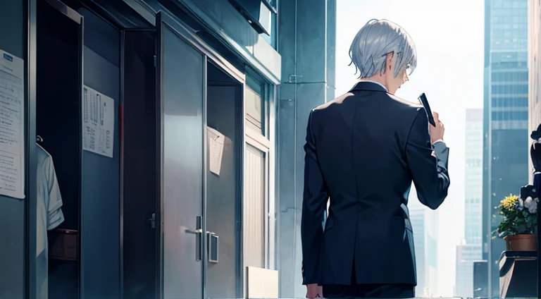 man writing a diary、Suits、Silver hair、posterior view