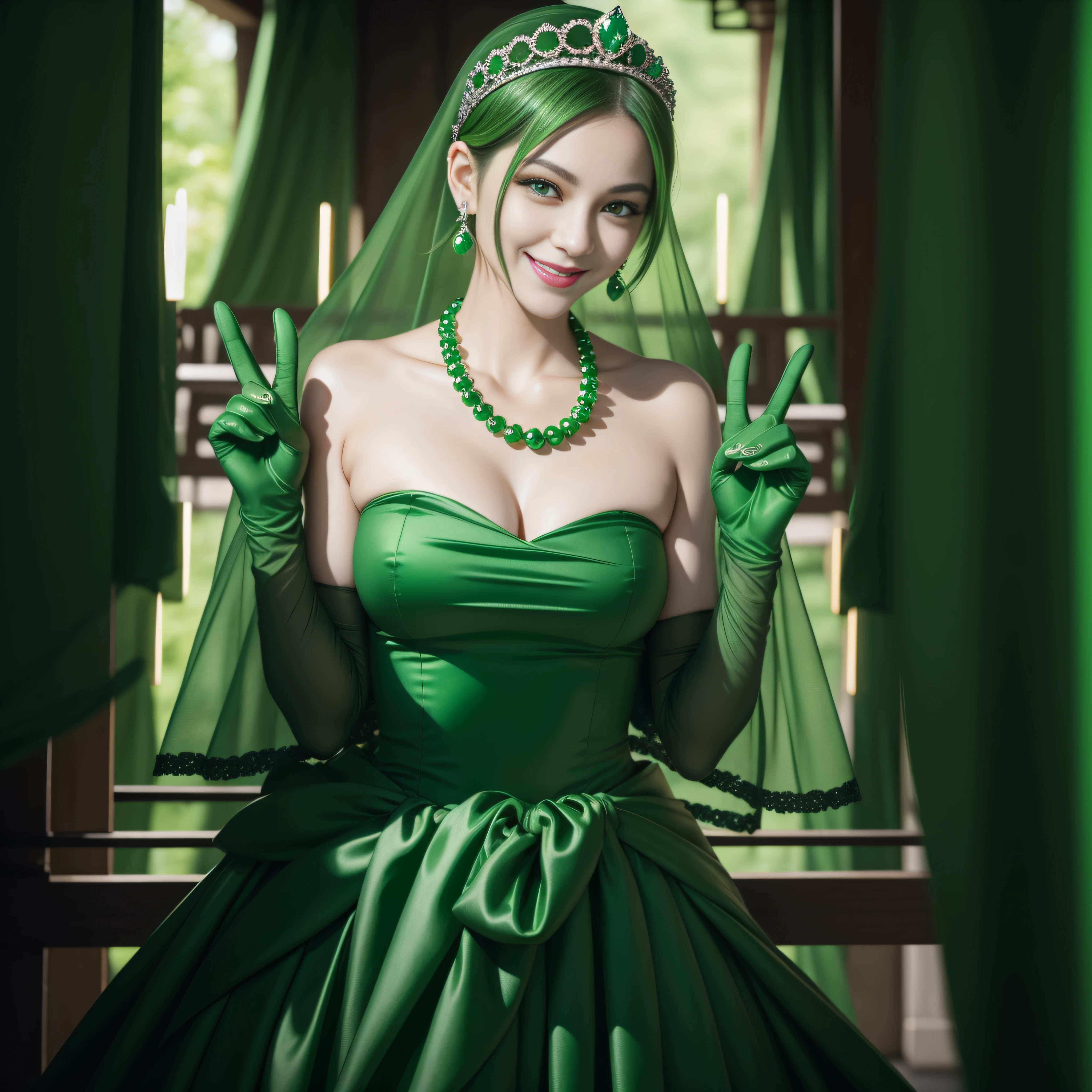 emerald tiara, Green Pearl Necklace, Boyish very short green hair, lipsticks, Japan woman smiling, very short short hair, big breasts beautiful, Green eyes, Long green gloves made of satin material, Green eyes, Emerald Earrings, green vale, v sign