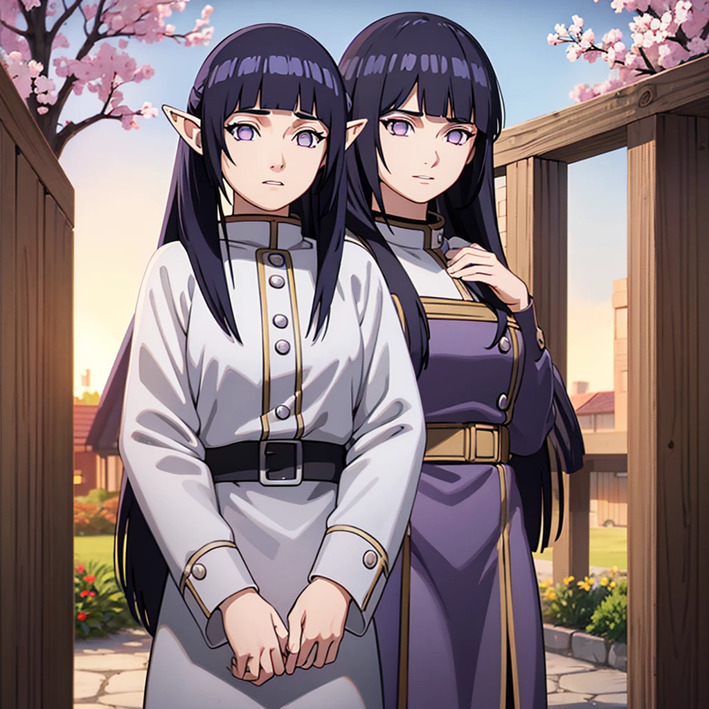 masterpiece, best quality, high resolution, masterpiece, best quality, illustration beautiful detailed girl,  highres, detailed, high resolution illustration, ultra-detailed, detailed background, long hair, dark blue hair, elf outfit, beautiful detailed sky, field, purple eyes, blunt bangs, perfect composition, detailed lips, cowboy shot, mage, twintails hairstyle, blunt bangs, frieren outfit, elf ears, hinata as frieren,