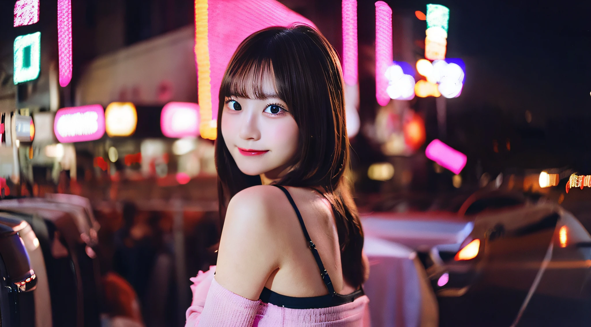 Cute hostess girl, 18 years old, Wearing a pink miniskirt