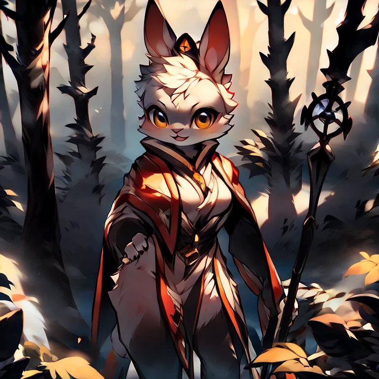 ( female white bunny)  ( white and golden ancient clothes that cover almost her body  ) ( stars symbol on her chest) ( fairytale forest cover in snow )  ( holding a staff  ) ( death glare) ( face cover in blood) ( golden eyes)