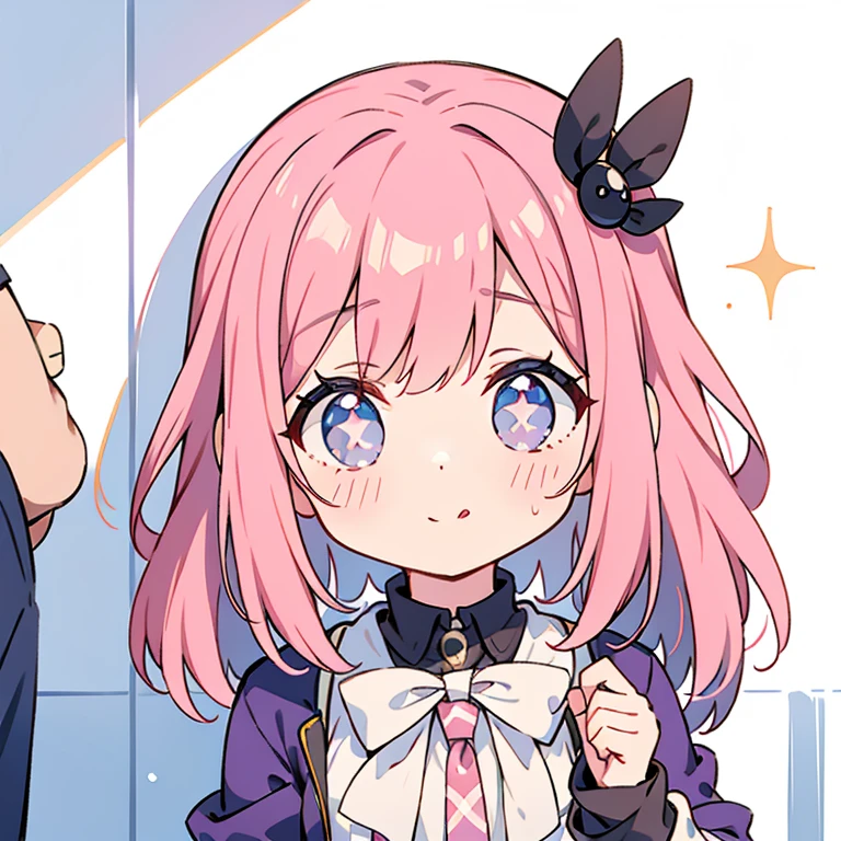 Loli, pink hair, purple eyes, cum in mouth, stuck in wall, , happy, sparkling eyes