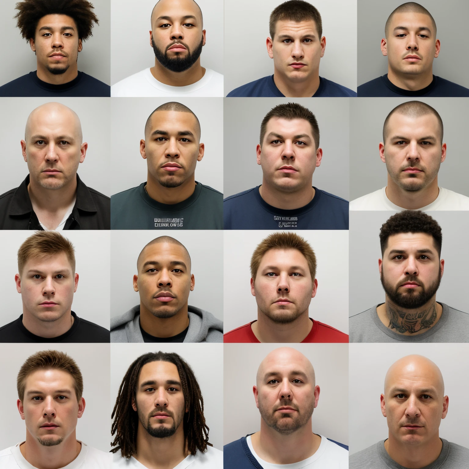 A photo realistic poster board of alleged gang members shown from left the right. The alleged gang members will be shown with their photorealistic, human like mugshots and under them will be their names written in small black ink along with their nicknames. Separate the large poster with the mugshots and their names/nicknames being at the top of the page and then at the bottom of the page leave a large white blank space.