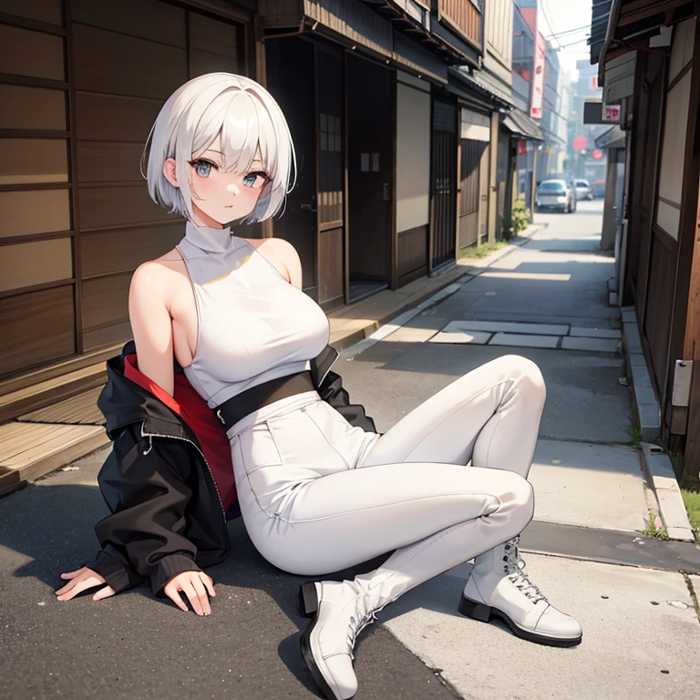 1 woman, short white hair, wearing plain white high necktank top, black pant, boots, old japonese city, absurdres, 8k, high res,