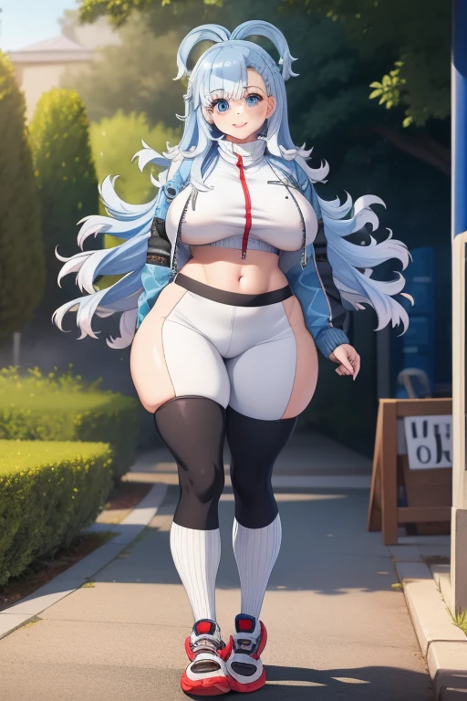 kobo kanaeru - hololive, 1girl, blue hair, blue eyes, white hair, multicolored hair, wave hair, blue eyes, thin lips, painted lips, smile face, wide hips, thick thighs, huge round ass, enormous natural breasts, shiny oily breasts, KoboBase, see-through jacket, midriff, white jacket, tight pants, sleeves past wrists, open jacket, full body, gym, nsfw