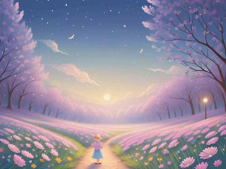 very cute illustration for a children's picture book, Dreamy scattered "Stardust Flowers" seeds, they bloomed at night, beautiful as dreams.,Muted or Subdued Illustration Styles, Digital Painting, by Pixar style