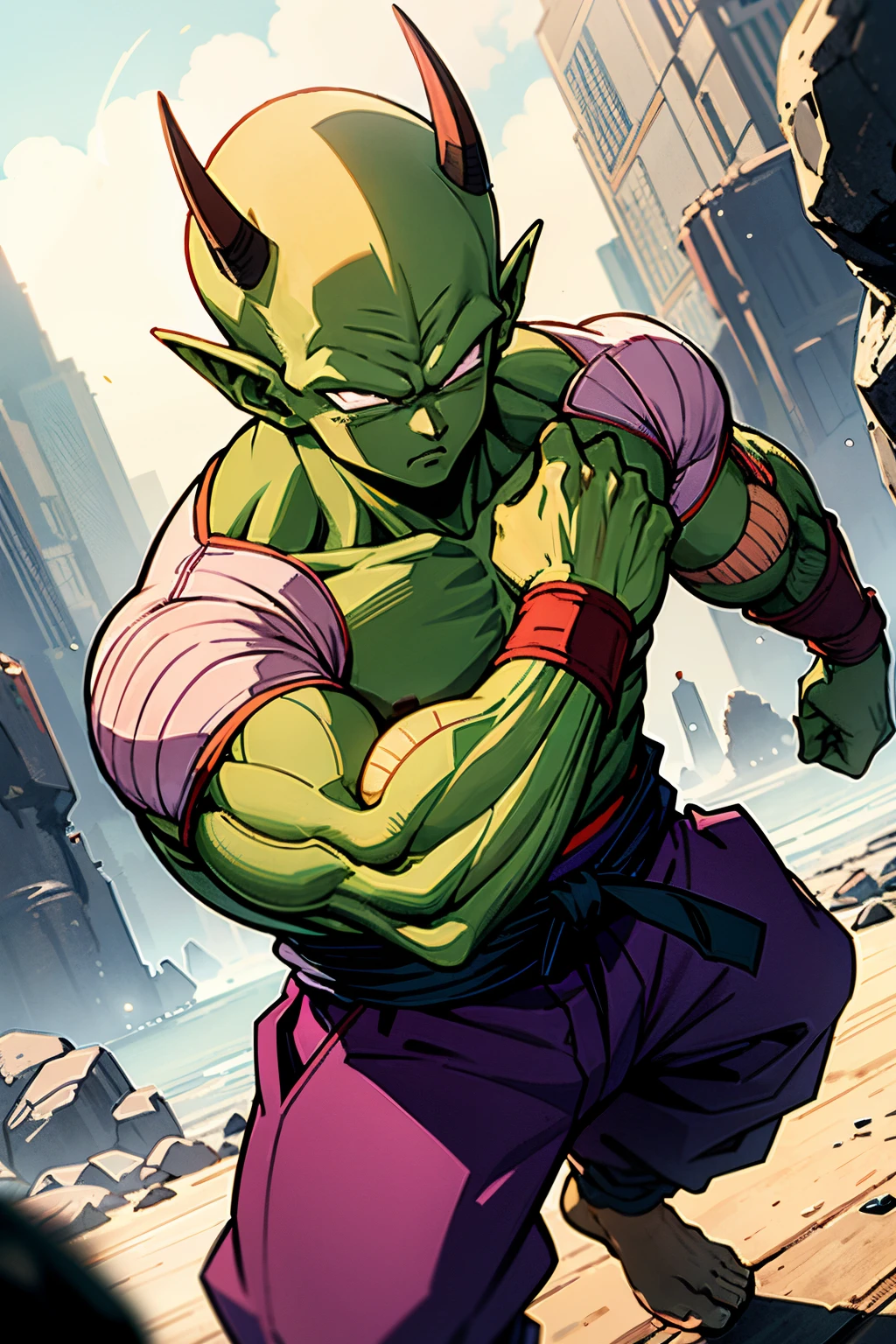 masterpiece, best quality,piccolo, 1boy, male focus, solo, fighting stance, pointy ears,(topless:1.3), green skin, oni horns, purple pants, closed mouth, ((bald)),pink patches,black eyes, blue sash , Black martial arts clothing