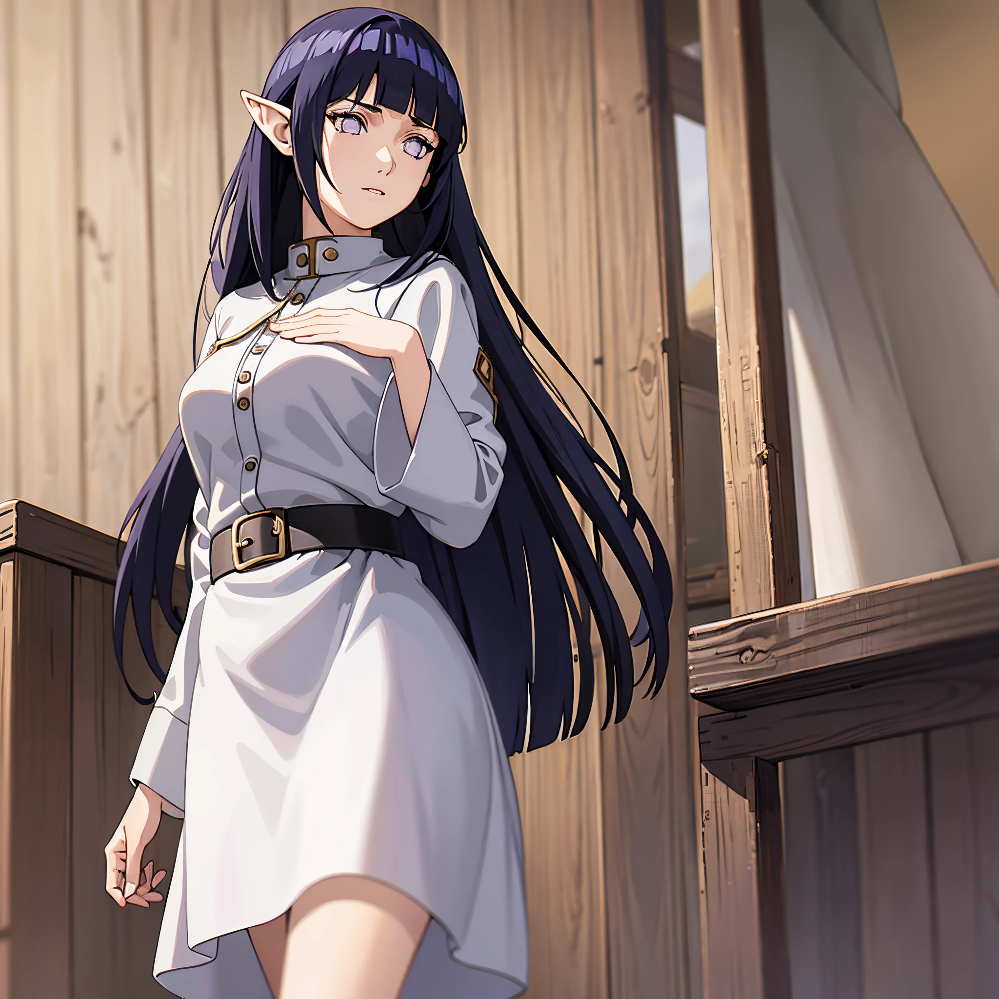 masterpiece, best quality, high resolution, masterpiece, best quality, illustration beautiful detailed girl,  highres, detailed, high resolution illustration, ultra-detailed, detailed background, long hair, dark blue hair, elf outfit, beautiful detailed sky, field, purple eyes, blunt bangs, perfect composition, detailed lips, cowboy shot, mage, twintails hairstyle, blunt bangs, frieren outfit, elf ears, hinata as frieren,