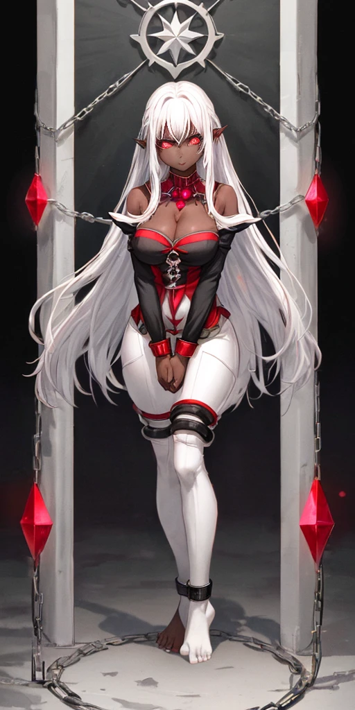 full body standing symmetrical barefeet ((black skin elf girl))), (((red ruby eyes))), (((long white hair))), (((breasts:1.2))), (((solo))), shackles on legs and arms together
