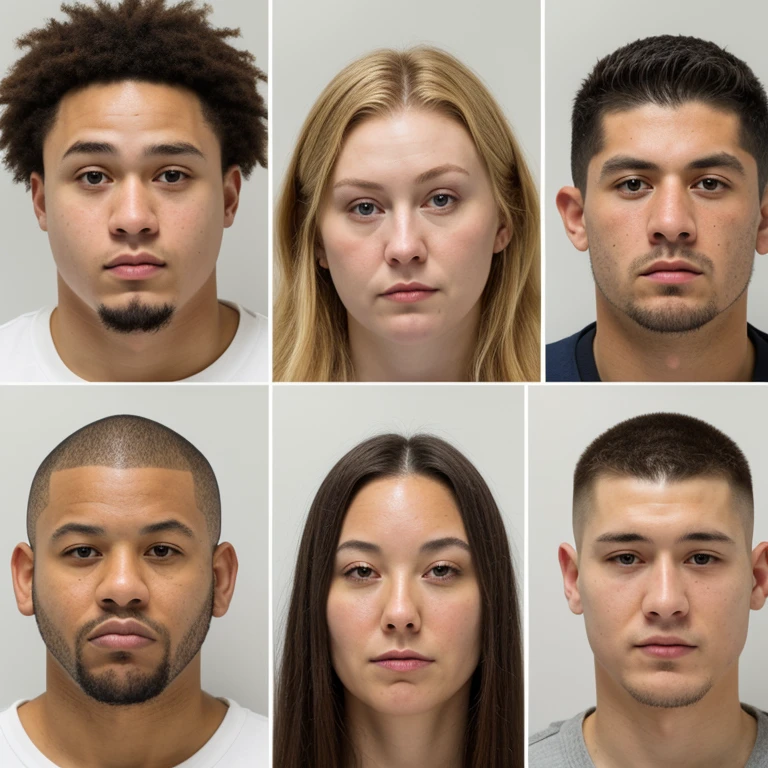 A photo realistic poster board of alleged gang members, young adult minority’s, shown from left the right. The alleged gang members will be shown with their photorealistic, human like mugshots and under them will be their names written in small black ink along with their nicknames. Separate the large poster into two halves, with the mugshots and their names/nicknames being at the top of the page and then at the bottom of the page leave a large white blank space.