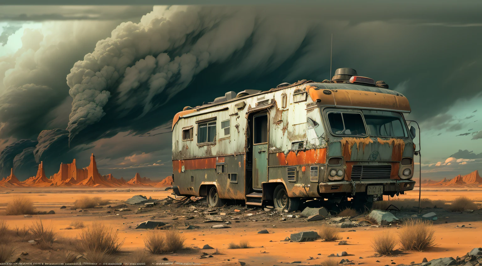 (Post apocalyptic scenario, Desolate atmosphere, Dystopian landscape) ，(Postmodern wasteland punk style RV)，(Postmodern wasteland punk style singer)，(Jet flame)，Thick clouds，(safe)，It embodies the fusion of technology and decadence, Capturing the essence of societies on the verge of collapse, but still retains a remnant of rebellious spirit.