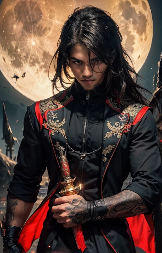 (masterpiece:1.2), (illustration), (best quality:1.2), (best aesthetic:1.2), (beautiful art:1.2), (ultra-detailed:1.2), (8k), (HDR), (wallpaper), (sharp focus), (intricate), (hyper realistic), men, javanese, handsome, full moon