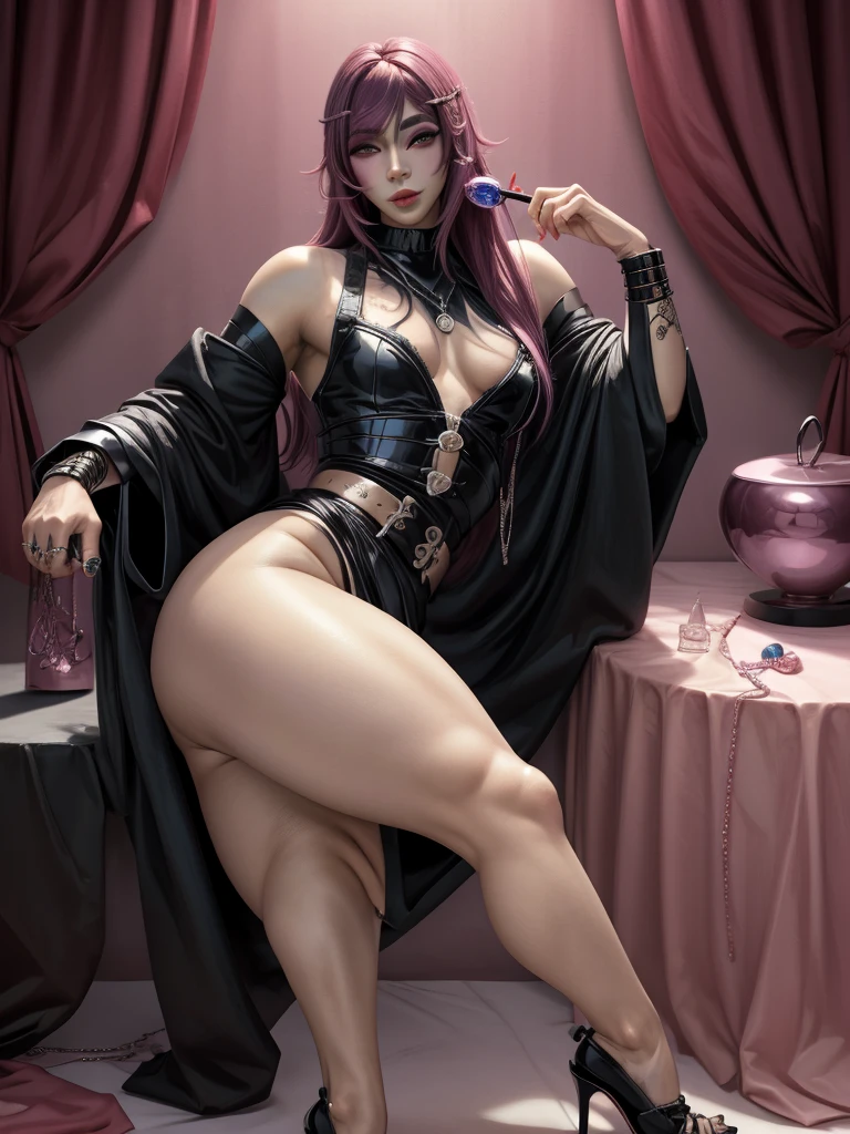 (((solo, femboy, feminine male, otoko no ko, trap))), (narrow waist, girly, thin toned body), wide hips, thick lips, lipstick, thick thighs, absurdres highres detailed body, jewelry, seductive smile, makeup, naughty, detailed eyes, ((best quality detailed face, 16k, masterpiece)), villain, long hair, heels, high detail high quality full shot