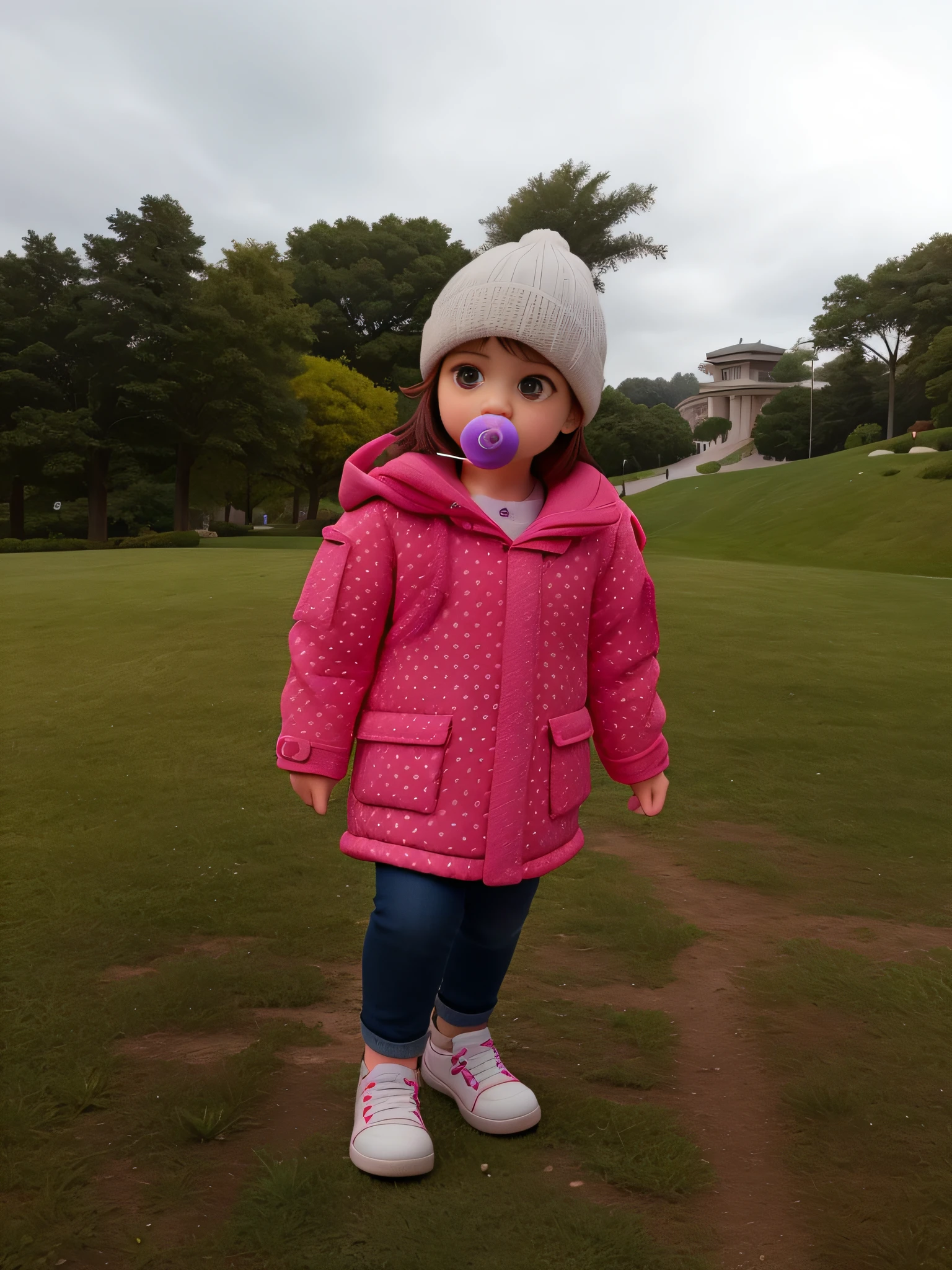 Arafed girl in a pink coat and hat with a pacifier in her mouth., en un parque, en el parque, Caminando por el parque, en el parque, Chica rosa, en un parque, little kid, beautiful pink little girl, con una sudadera rosa, Cute little girl, Foto en modo retrato, walking at the garden, con un parque al fondo