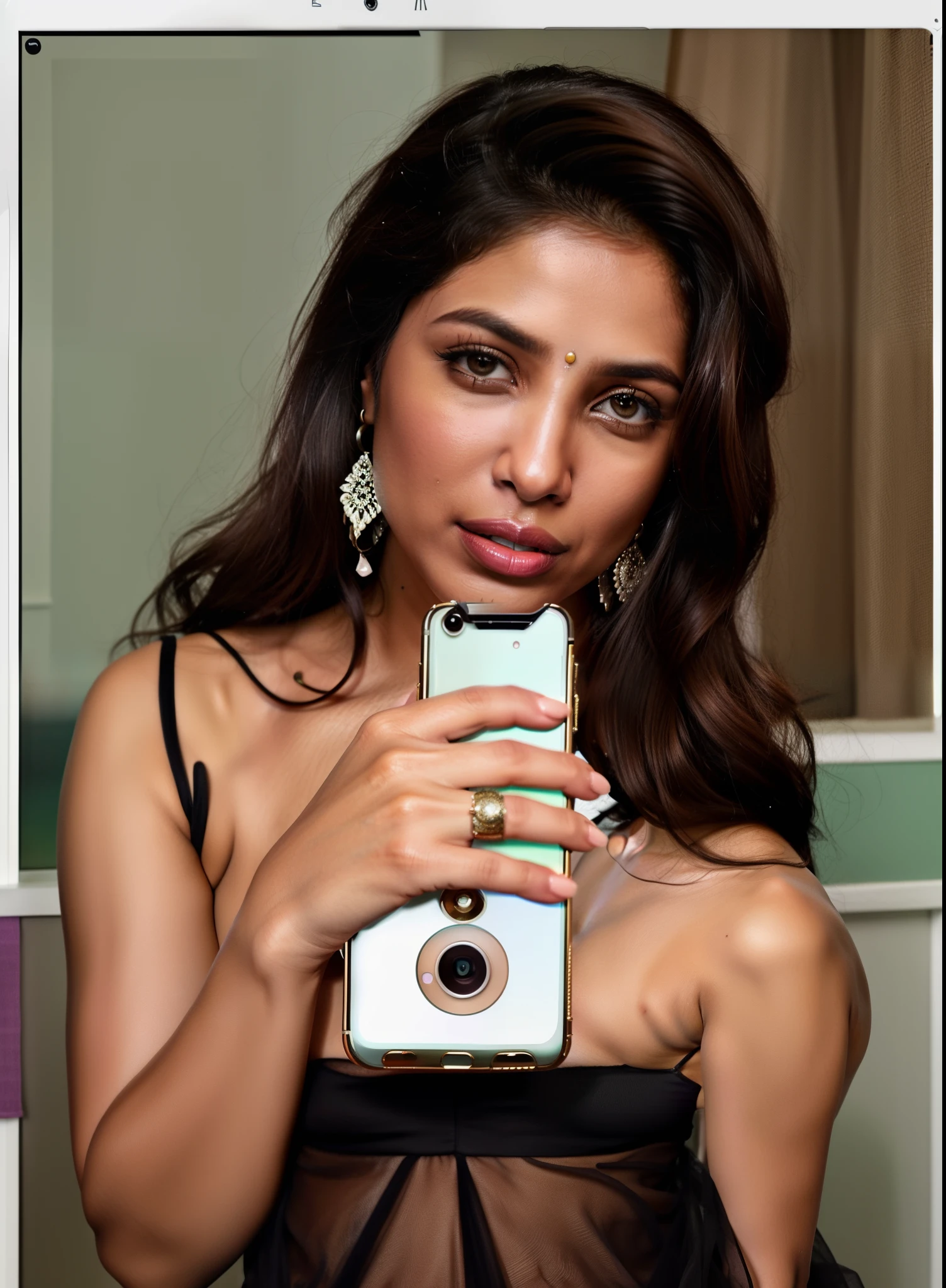 tem uma mulher tirando uma selfie com o celular, ela segurando um smartphone, Retrato de Priyanka Chopra, Indian girl with brown skin, arte digital de um elegante, Deusa verificando seu telefone, iphone selfie, verificando o celular dela, Dora, a exploradora, como garota de verdade, foto selfie, Super modelo indiano, pintado digitalmente, arte digital. foto realista