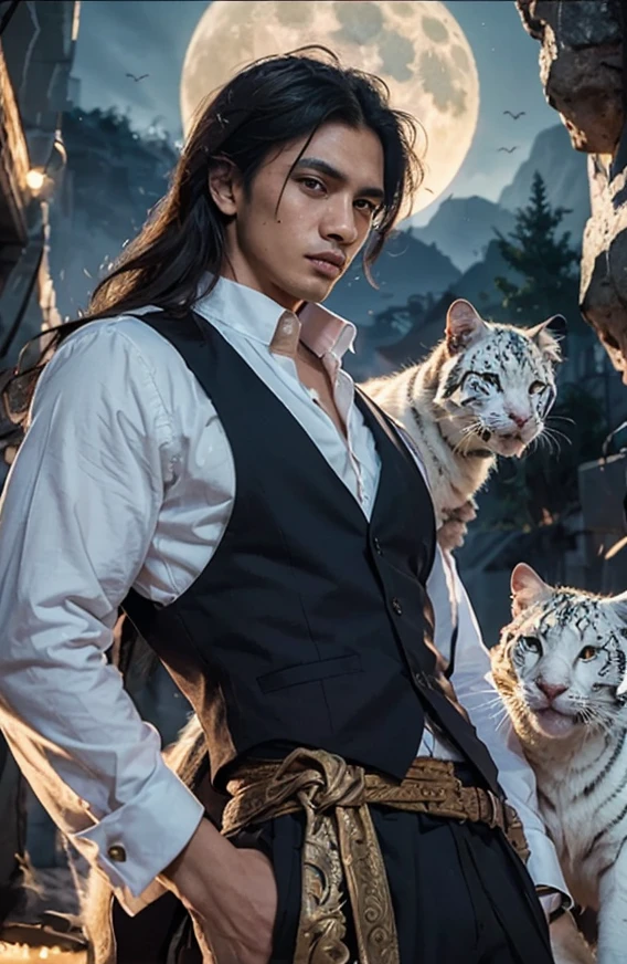 (masterpiece:1.2), (illustration), (best quality:1.2), (best aesthetic:1.2), (beautiful art:1.2), (ultra-detailed:1.2), (8k), (HDR), (wallpaper), (sharp focus), (intricate), (hyper realistic), men, javanese, handsome, full moon