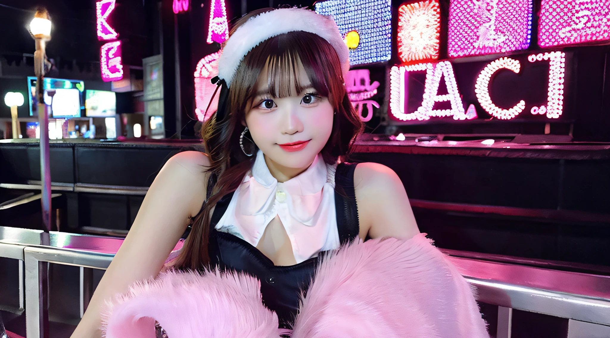 Cute hostess girl, 18 years old, Wearing a pink miniskirt