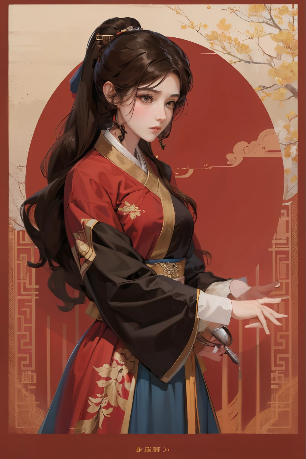 high quality , one brown hair girl, long ponytail, long hair, wuxia character, flat background, minimalist background, chinese pattern background, portrait lighting