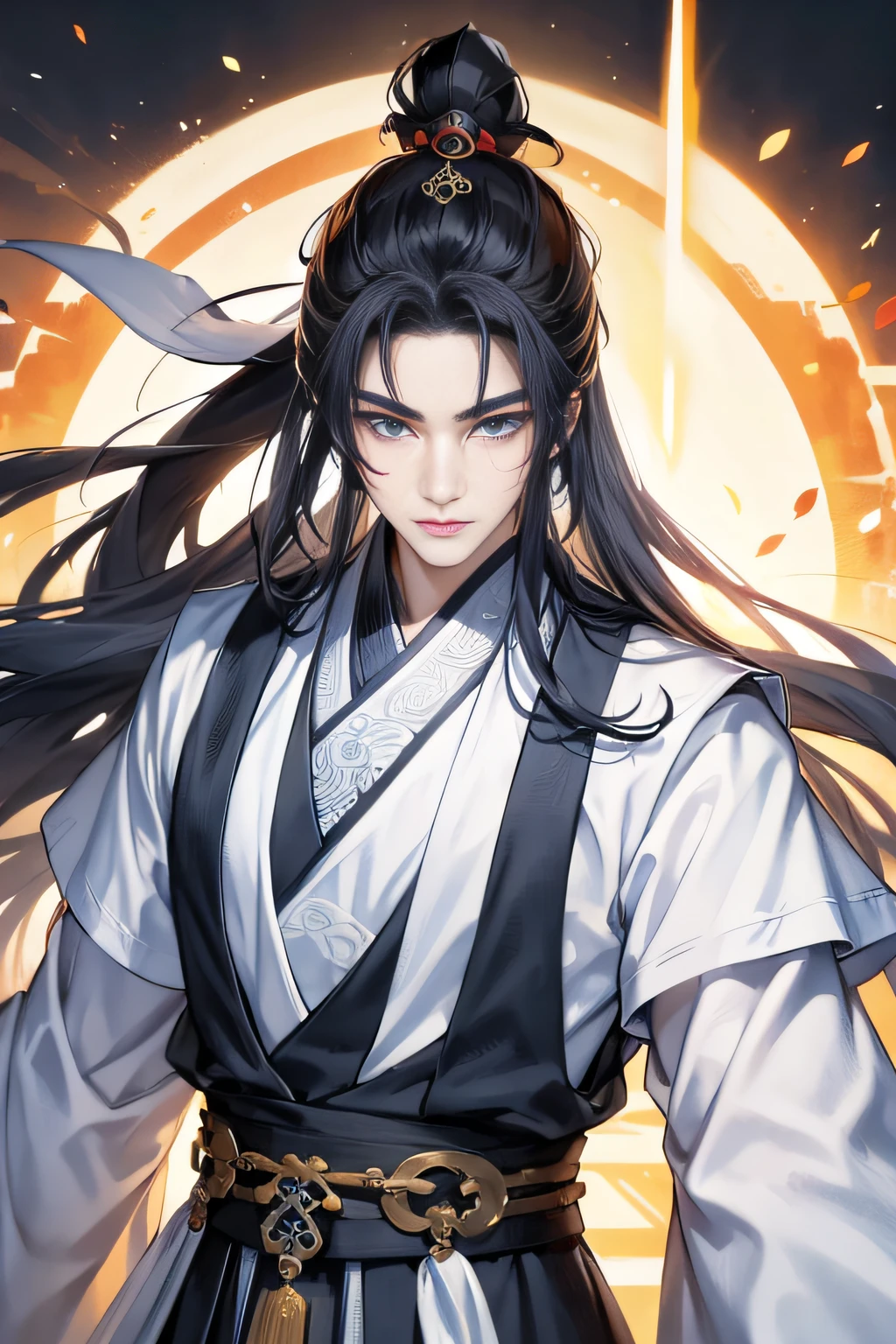 1 man, Taoist roberue colored eyes，detailed facial features，， Ancient China, Long grey hair，High Ponytail,ancient capital of china，dynamic shot，Dramatic，xianxia，