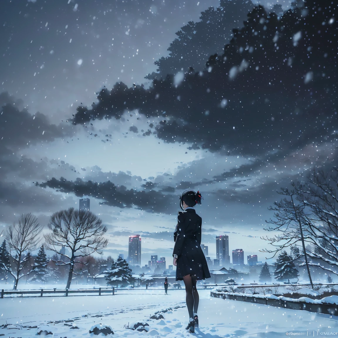 ((masterpiece)), ((top-quality)), (hight resolution), (extremely detailed CG unified 8k wallpaper),(Near and far law),(kotonoha no niwa:1.3),Shinkai Makoto style,((beautiful night scene:1.4),(f/2.8,35m,Beautiful lighting,光线追踪),(((very dark background))),depth of field,(Midnight:1.4),midwinter,(cloudy ash sky:1.2),(Detailed Shinjuku Gyoen National Garden), (In the midst of falling snow:1.4),(from behind),((Chilling Wind)),(Large snow:1.4),((Wear a long coat)),(Standing in the detailed Shinjuku Gyoen National Garden 1.4),TOKYOcty,Shinjuku,Loud shouting gesture:1.4),((Put your hands on your chest)),Black pantyhose,((Detailed distant cityscape)),Residential area,condominium,apartament,looking at the city,serene ambiance.(Pixie Cut),Hair in the ears,Profile of the character,1 cute high school girl,(large full breasts:1.2),Cute Uniform,Long skirt with red plaid pattern,sleeveless,Photorealsitic,Background Focus,Panoramic shooting