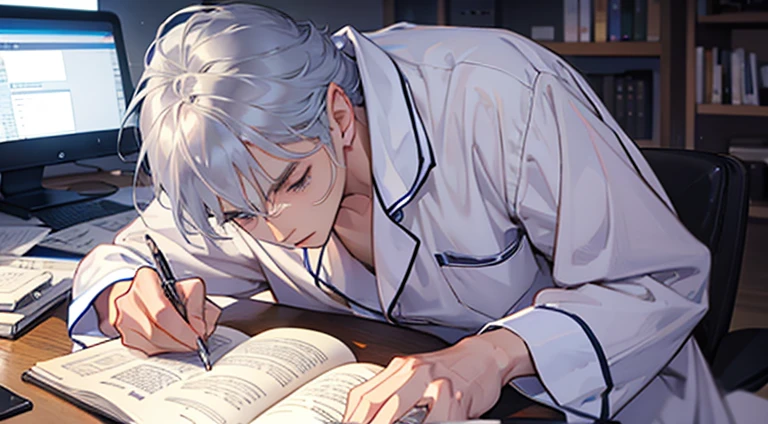 man writing a diary、s Pajamas、Silver hair、posterior view、sitdown、a desk、Ahoge