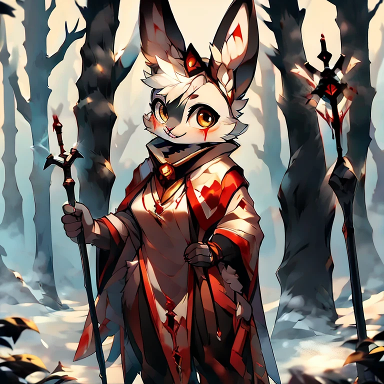 ( female white bunny) ( white cloak with golden that have symbols) ( forest cover in snow ) ( holding a staff) ( covered in blood)