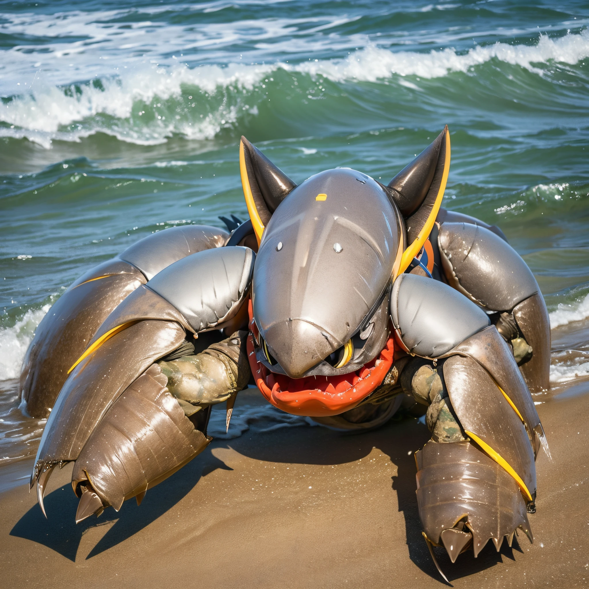 A scary monster is on the beach, it has the lower body of a crab and the head of a toothy fish. It is open mouthed threatening to attack. Show it from head to toe
