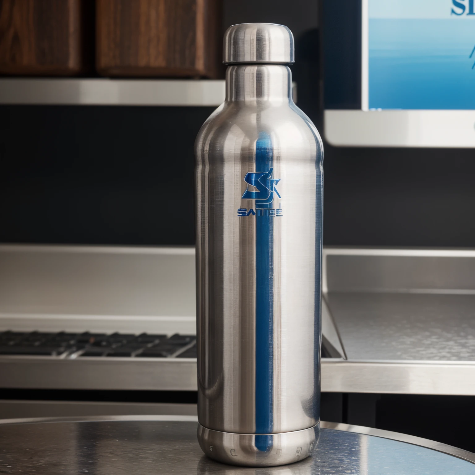 Create a 500ml stainless steel bottle with your logo "SodaTec" em azul marinho estampado. The bottle must come with an adjustable cap., as it holds a 16g CO2 cylinder to transform normal water into carbonated water