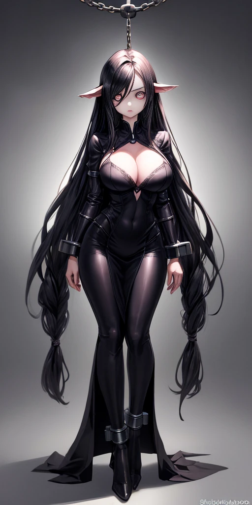 full body standing symmetrical barefeef girl))), (((big perfect eyes))), (((long hair))), (((breasts:1.2))), (((solo))), shackles on legs and arms together