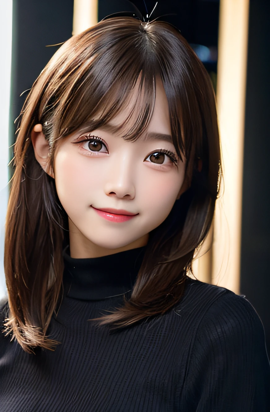 masutepiece, Best Quality, 8K, non nsfw, 15yo student, Teen, Raw photo, absurderes, award winning portrait, (shyly smile:1.3), A charming smile, Solo, Night, neons, Idol face, Beautiful, extremely pretty, Cute, A Japanese Lady,female idol, round big eyes, small nostrils, Light makeup, large round eyes, Narrow waist, violaceaess, gardeniass, Delicate girl, Upper body, Digital SLR, Looking at Viewer, Candid, Sophisticated, zora々Right, Thin arms, Professional Lighting, Film grain, chromatic abberation, (Eyes and faces with detailed:1.0), (Bokeh:1.1)