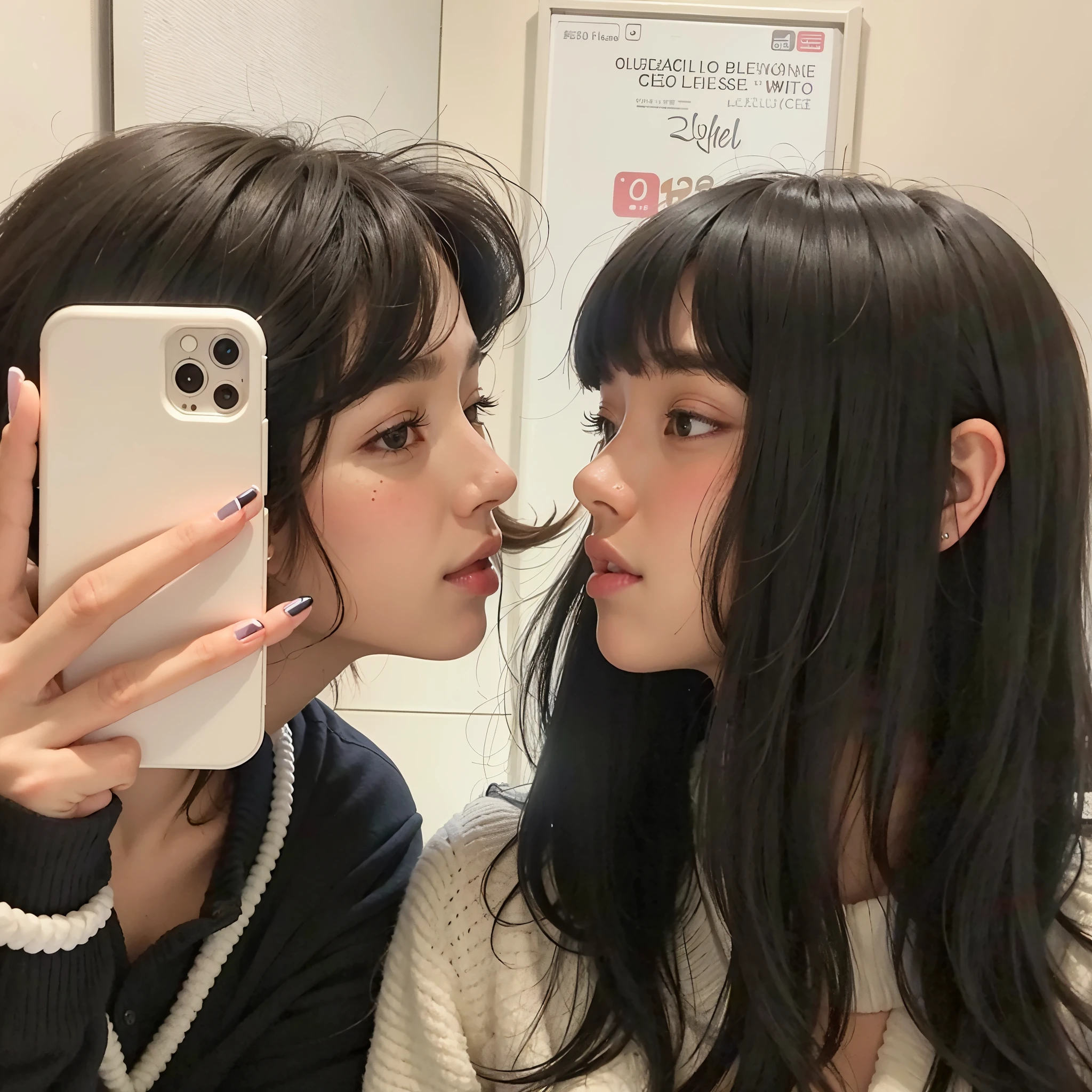 two women take a selfie in a mirror with a cell phone, ulzzang, Ella tiene el pelo negro con flequillo, cabello blackbangs cabello, cabello negro y flequillo blanco, kissing together cutely, selfie enamorado, Pelo largo con flequillo, Cabello largo con flequillo completo, con flequillo completo, con negro, Cabello largo y negro con flequillo, con el mismo peinado