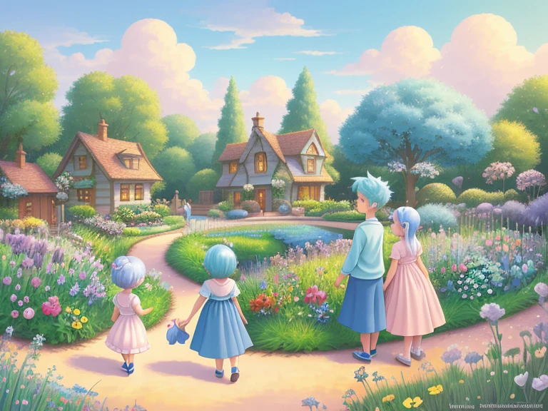 very cute illustration for a children's picture book,Dreamy with blue hair and the kids took care of the dream-like garden together,Muted or Subdued Illustration Styles, Digital Painting, by Pixar style
