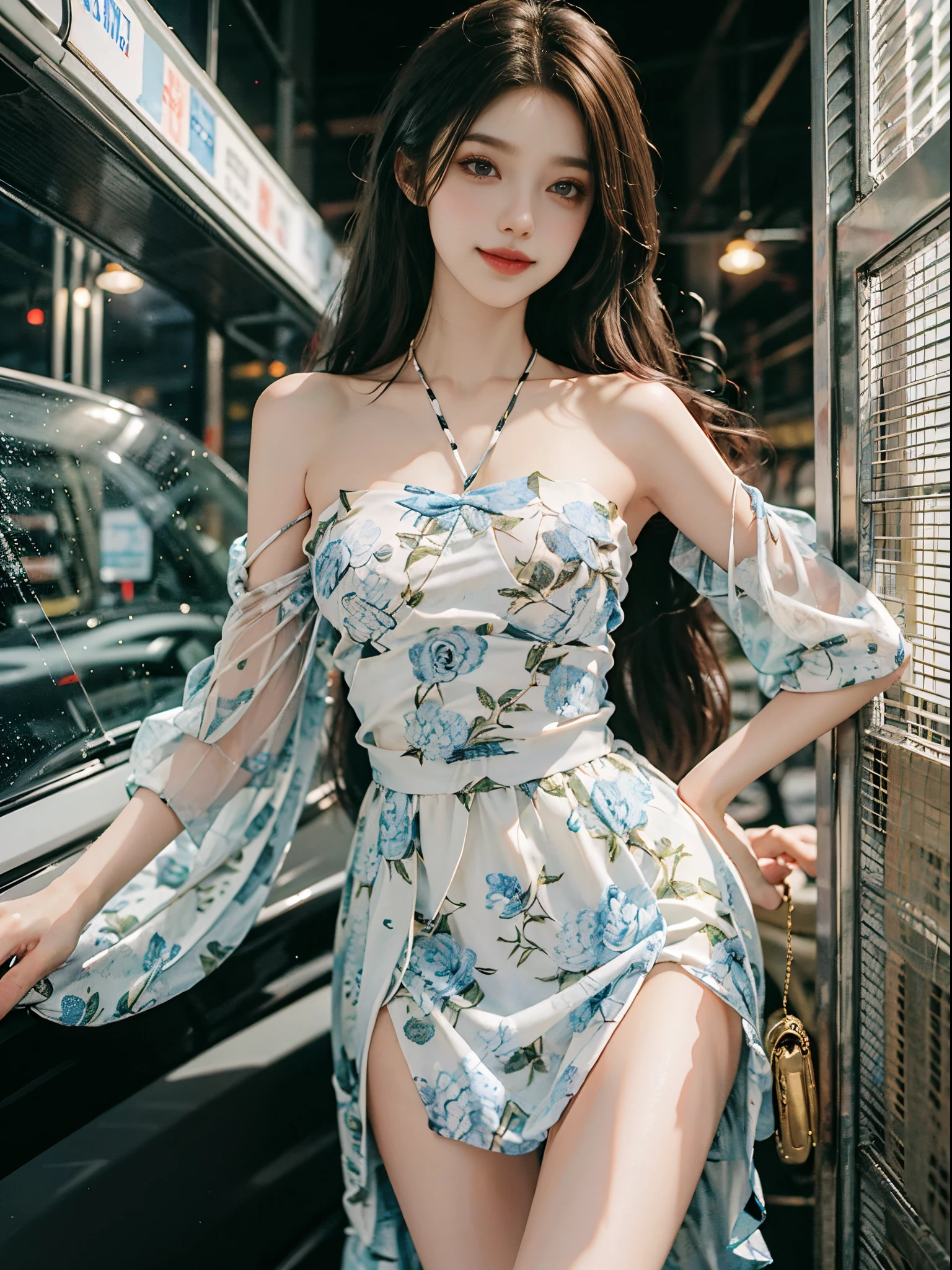 bare shoulders, dress,fashi-girl, ((cowboy shot)), A beautyful girl, a young female model, Random pose, posing elegantly, visually appealing, tmasterpiece, (Best quality at best, 4K, 8K, A high resolution, tmasterpiece:1.2), a warm color palette, ultra - detailed, Ultra-fine painting, delicated face, long slim figure, slim, largeeyes, pretty eyes, Hefty Smile, Random shooting angle, Random scenes