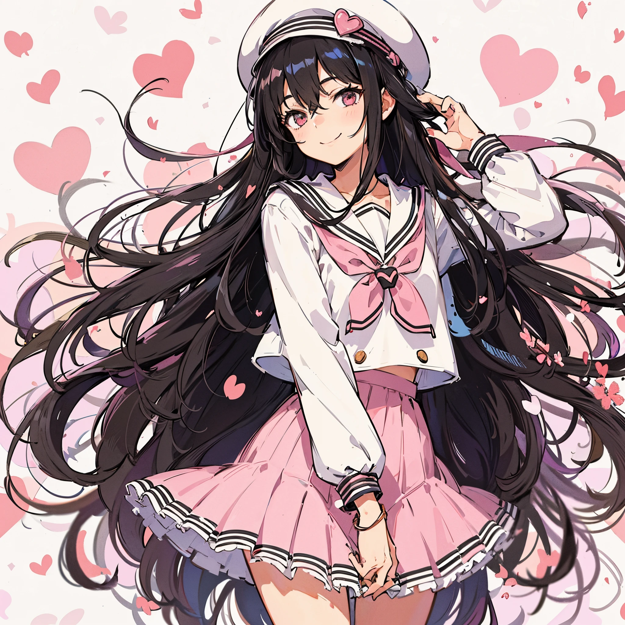 a beauty girl, Black hair, long, fluffy hair, White and pink sailor suit, Short skirt, one leg up, There'There'There's peace next to my eyes, Lots of hearts in the background, and an incredible smile,High quality, amount of drawing, pixiv illustration