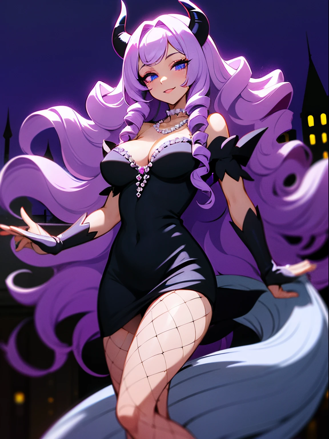A beautiful and sexy woman with long wavy violet hair, drill curls, side-swept bangs, sharp blue eyes, light skin, smile, wearing a sparkly black dress, fishnet stockings and pearl necklace, there's two black devil horns on her head, and she also has a black devil tail and black demon wings, she's standing in the city at nighttime