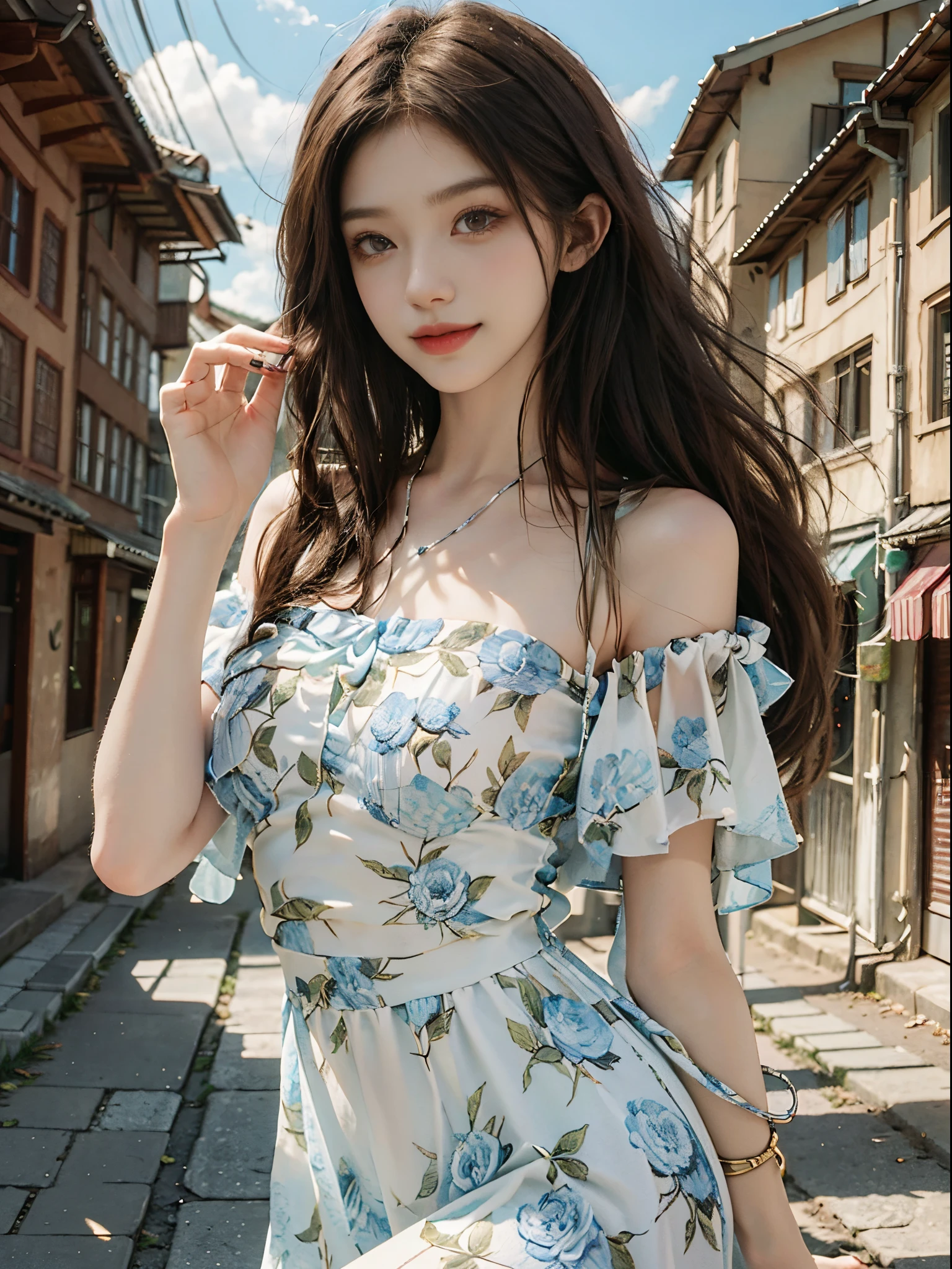 bare shoulders, dress,fashi-girl, ((cowboy shot)), A beautyful girl, a young female model, Random pose, posing elegantly, visually appealing, tmasterpiece, (Best quality at best, 4K, 8K, A high resolution, tmasterpiece:1.2), a warm color palette, ultra - detailed, Ultra-fine painting, delicated face, long slim figure, slim, largeeyes, pretty eyes, Hefty Smile, Random shooting angle, Random scenes