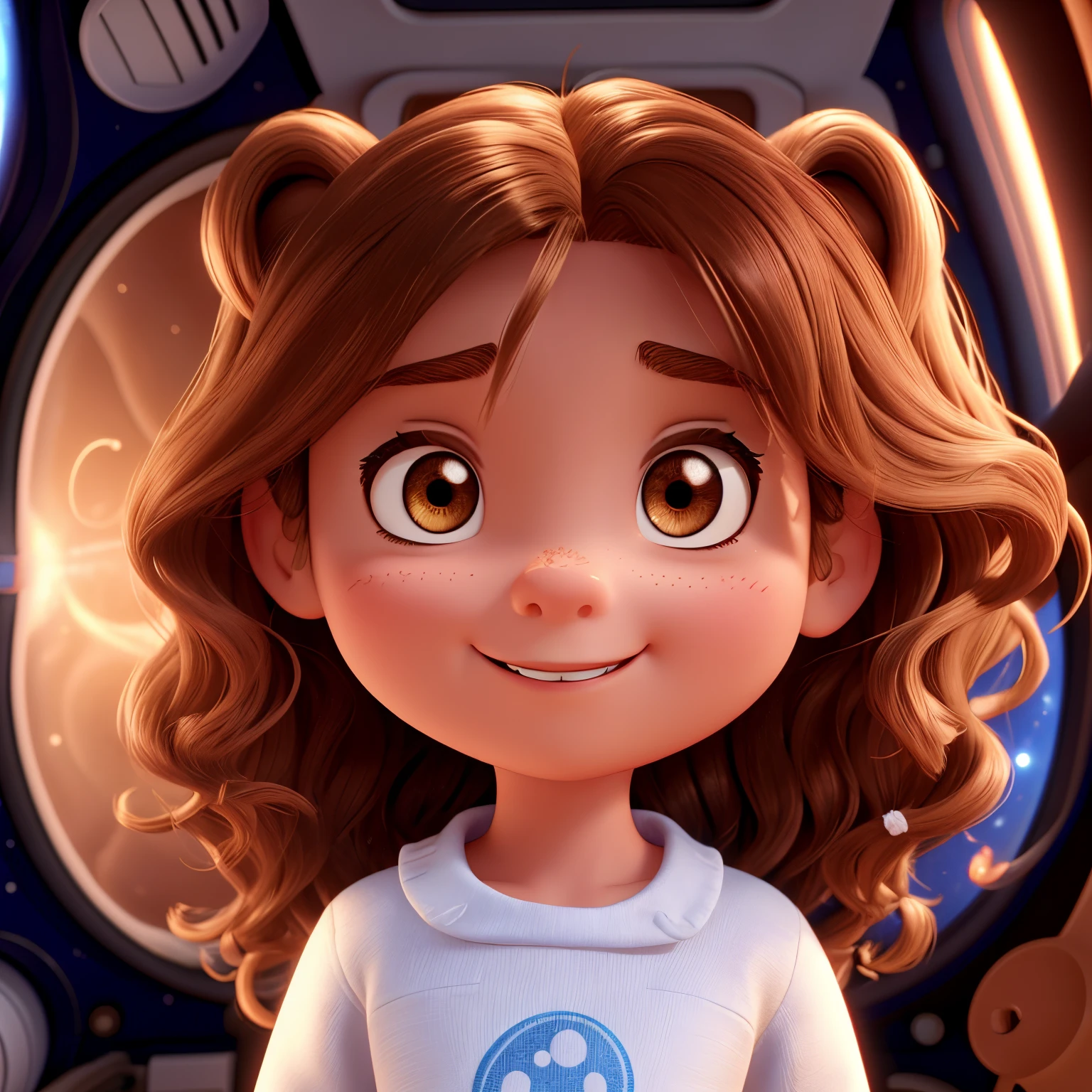 A  Disney Pixar character girl with brown not too long wavy hair,  brown eyes with big eyelashes, round face, bold cheekbones, not a French nose, smiling and being an astronaut in space, 3D image