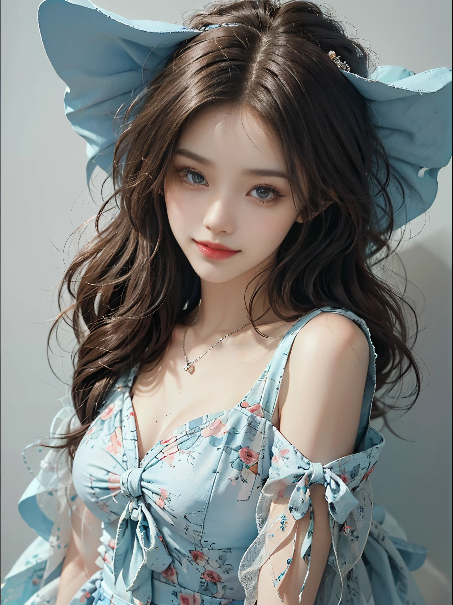 print dress,off shoulder,,fashi-girl, ((cowboy shot)), A beautyful girl, a young female model, Random pose, posing elegantly, visually appealing, tmasterpiece, (Best quality at best, 4K, 8K, A high resolution, tmasterpiece:1.2), a warm color palette, ultra - detailed, Ultra-fine painting, delicated face, long slim figure, slim, largeeyes, pretty eyes, Hefty Smile, Random shooting angle, Random scenes