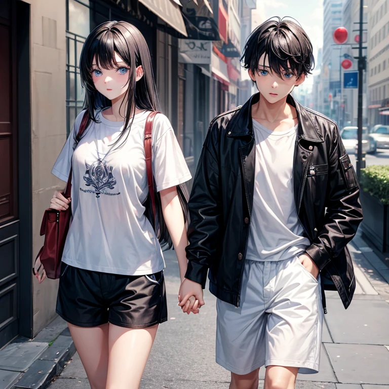 (masterpiece), Twins boy and girl, girl with black hair, boy with black hair, blue eyes, black shorts, white clothes, high quality, holding hands,