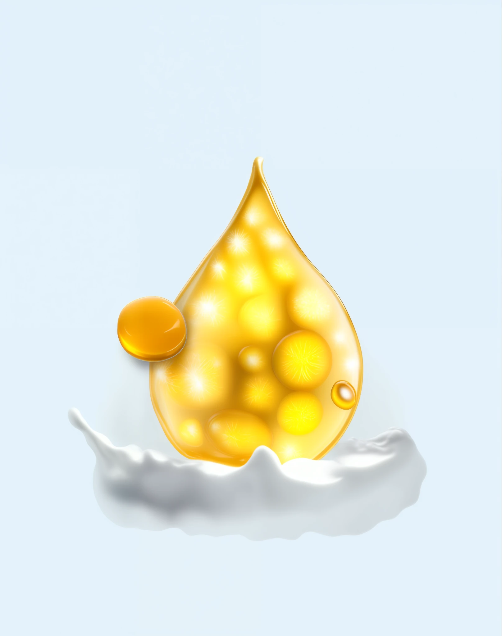 There a drop of vitamin pills in the milk, made of glowing oil, It has the texture of lemon peel, Dripping honey, honey dripping, made of oil and water, rendered illustration, OilPaintStyle, flow like oil, liquid gold, cooking oil, glowing oil, rendering, arte renderizada, egg yolk, Sweet as oil, character covered in liquid