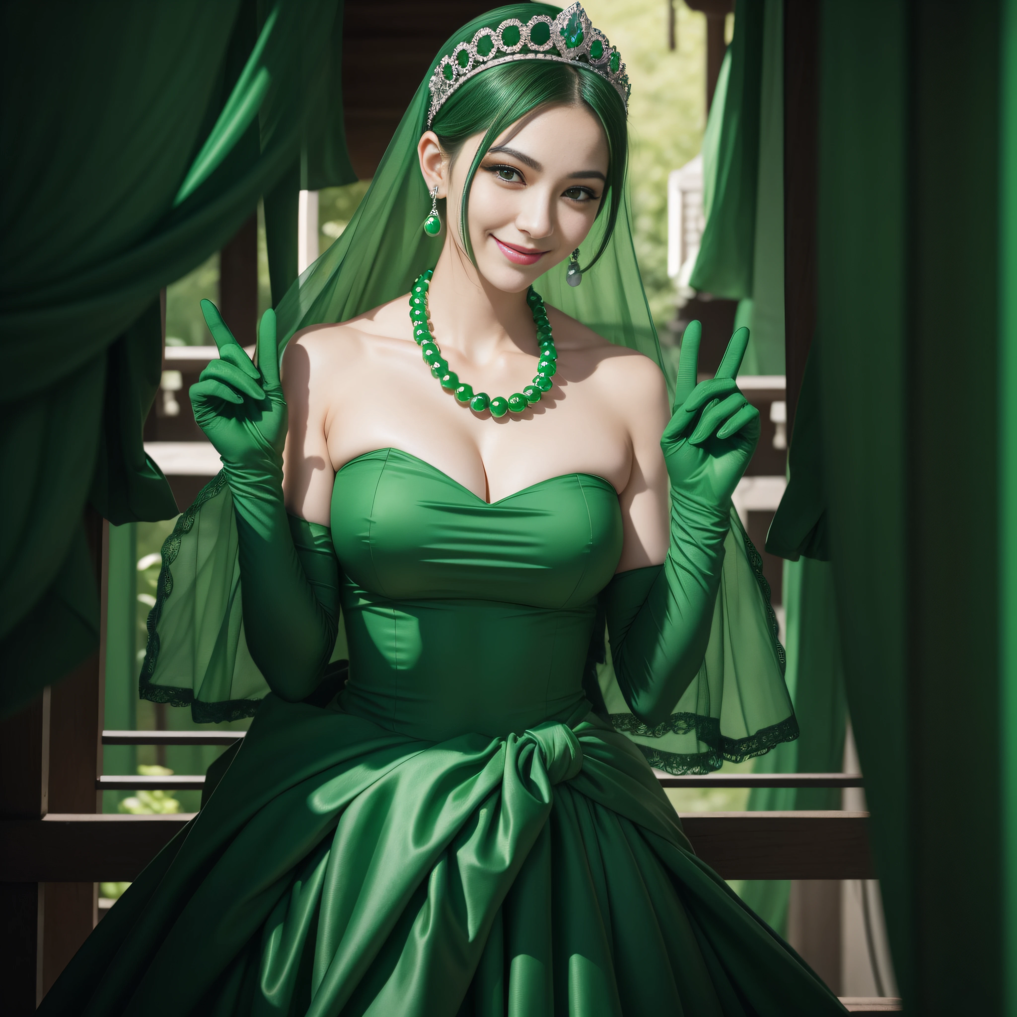 emerald tiara, Green Pearl Necklace, Boyish very short green hair, lipsticks, Japan woman smiling, very short short hair, big breasts beautiful, Green eyes, Long green gloves made of satin material, Green eyes, Emerald Earrings, green vale, v sign