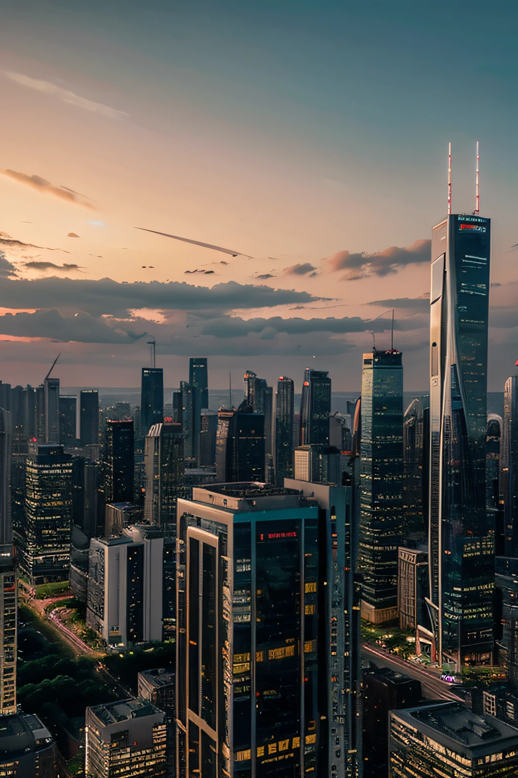 Skylines of major cities in a futuristic environment, Some parts of these buildings have balconies and foliage,but not all. The sky at sunset