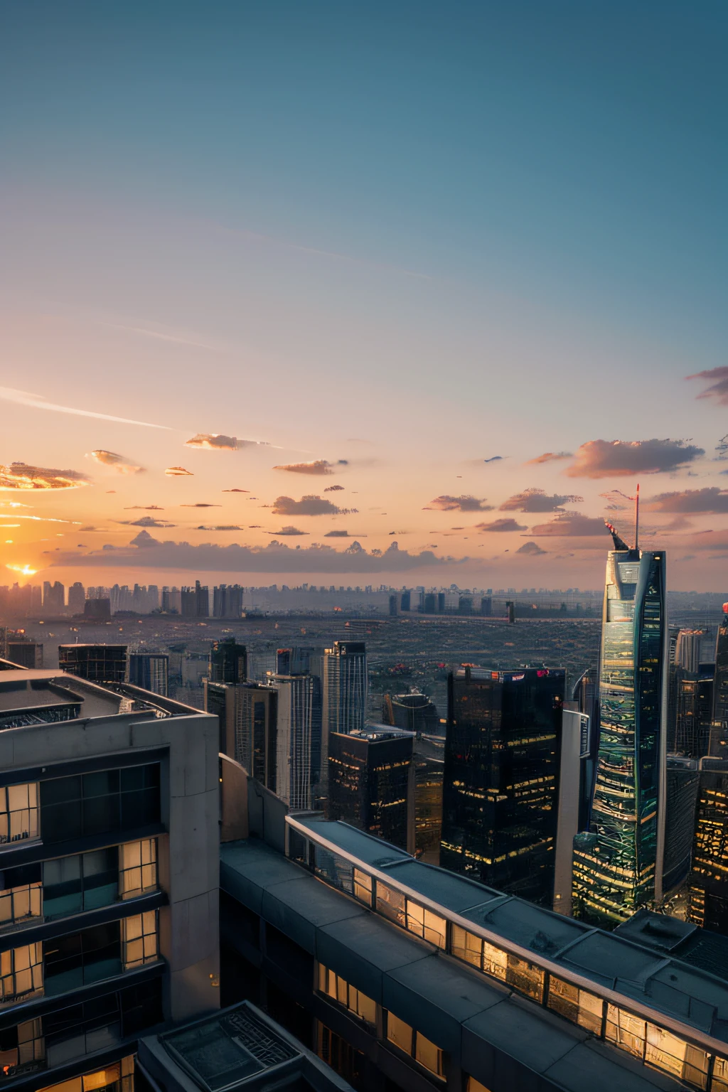 Skylines of major cities in a futuristic environment, Some parts of these buildings have balconies and foliage,but not all. The sky at sunset