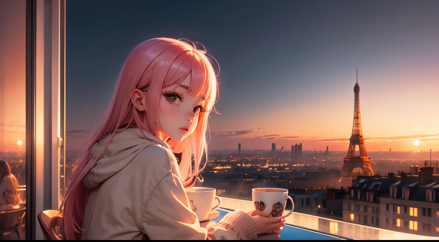 Dreamy Dusk Delight": Anime girl near the winter Paris Efle tower and a cup of coffee in a dreamy dusk landscape with warm pinks and oranges.