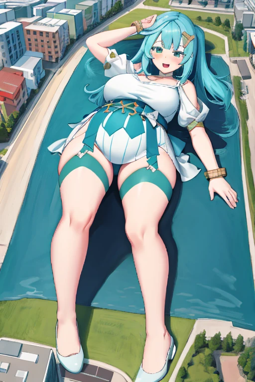 Giant maiden,Moe two-dimensional style,Pregnancy status,Round belly,Gaze at the bustling city, Lying down, Lingerie, Full body