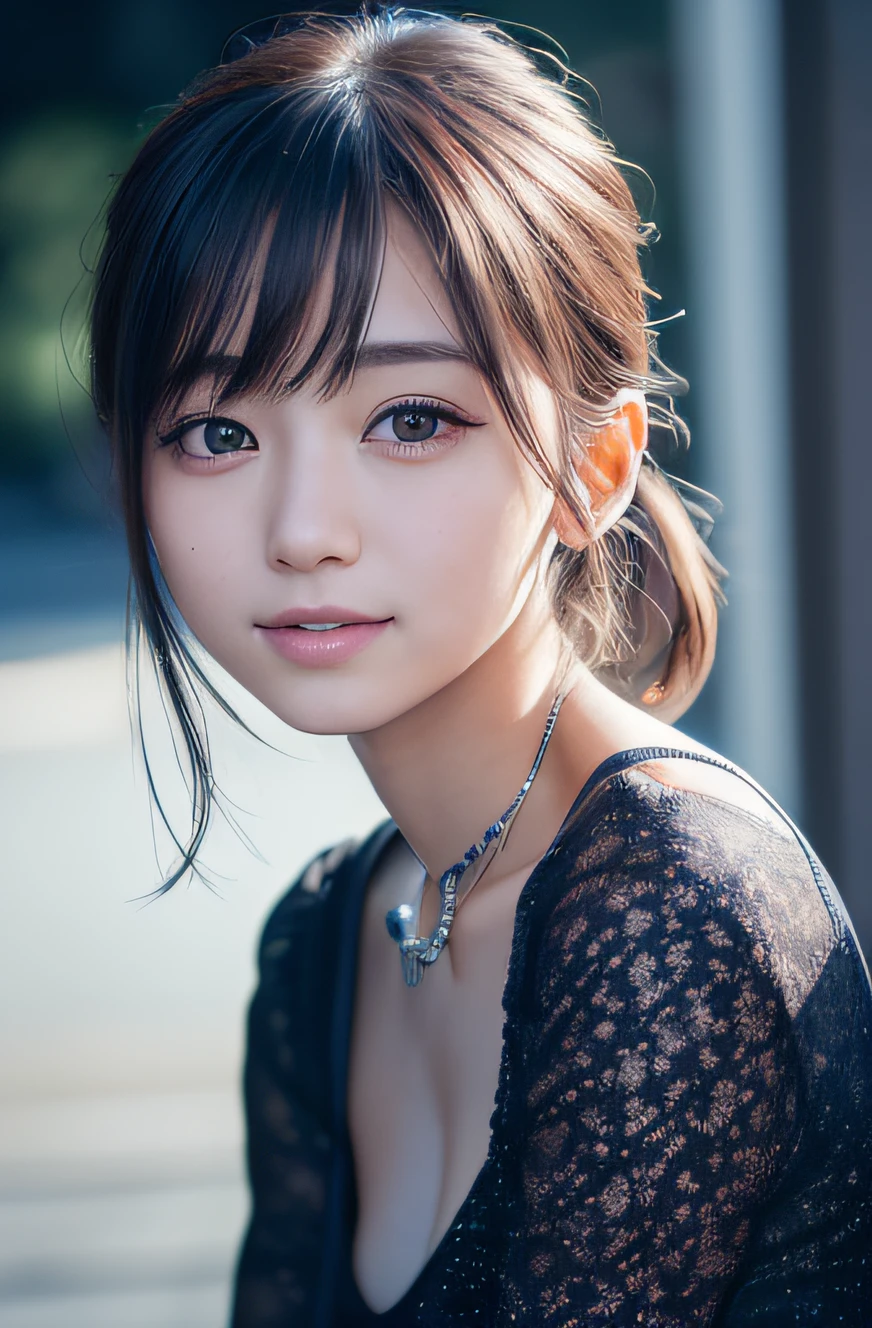 masutepiece, Best Quality, 8K, non nsfw, 15yo student, Teen, Raw photo, absurderes, award winning portrait, (shyly smile:1.3), A charming smile, Solo, Night, neons, Idol face, Beautiful, extremely pretty, Cute, A Japanese Lady,female idol, round big eyes, small nostrils, Light makeup, large round eyes, Narrow waist, violaceaess, gardeniass, Delicate girl, Upper body, Digital SLR, Looking at Viewer, Candid, Sophisticated, zora々Right, Thin arms, Professional Lighting, Film grain, chromatic abberation, (Eyes and faces with detailed:1.0), (Bokeh:1.1)