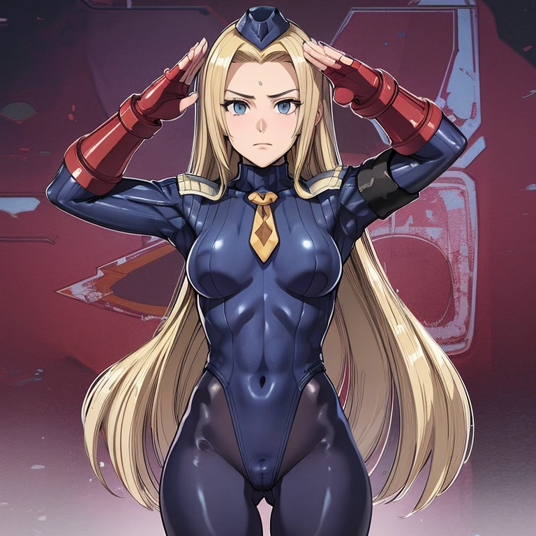 Masterpiece, Best Quality, Highly detailed, illustration, absurdres, street fighter, doll suit, shadaloo doll, nazi saluting, military, military saluting, salute, 1girl, solo, expressionless, blank eyes, looking at viewer, red gloves, emotionless, black latex, corrution, zofa suit, zofa soldier, mind control, female combatant, full body, hypnotized, standing, standing at attention, unhappy trance, full body suit, leotard, perfect female body, Joan of Arc, bladestorm: the hundred years’ war, blonde hair, long hair, navy eyes, holy maiden